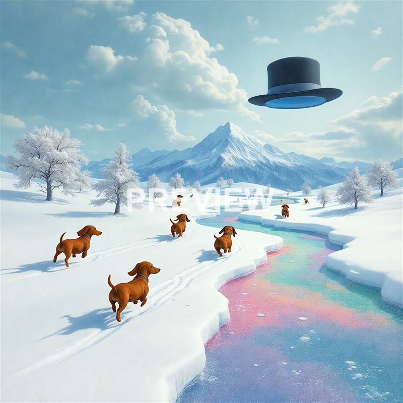 The image depicts a snowy landscape with a mountain in the background, several dogs walking on the snow, a colorful river winding through the scene, and a large, floating top hat in the sky.